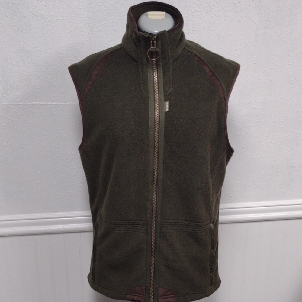 Barbour Olive Green Fleece Vest with Brown Trim, Outdoor,Hiking